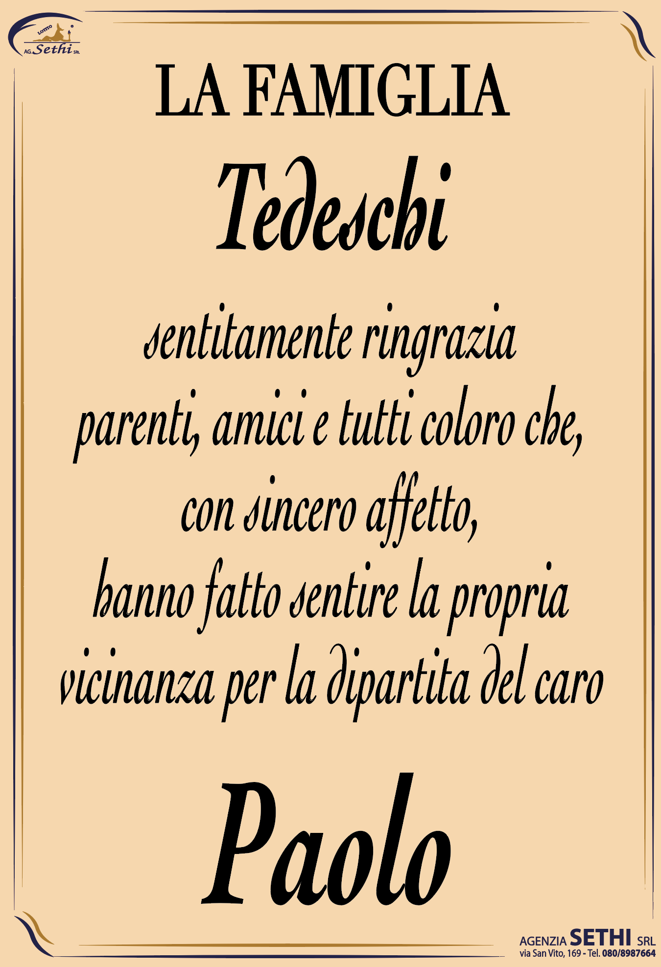 Ringraziamento Paolo Tedeschi fu Domenico