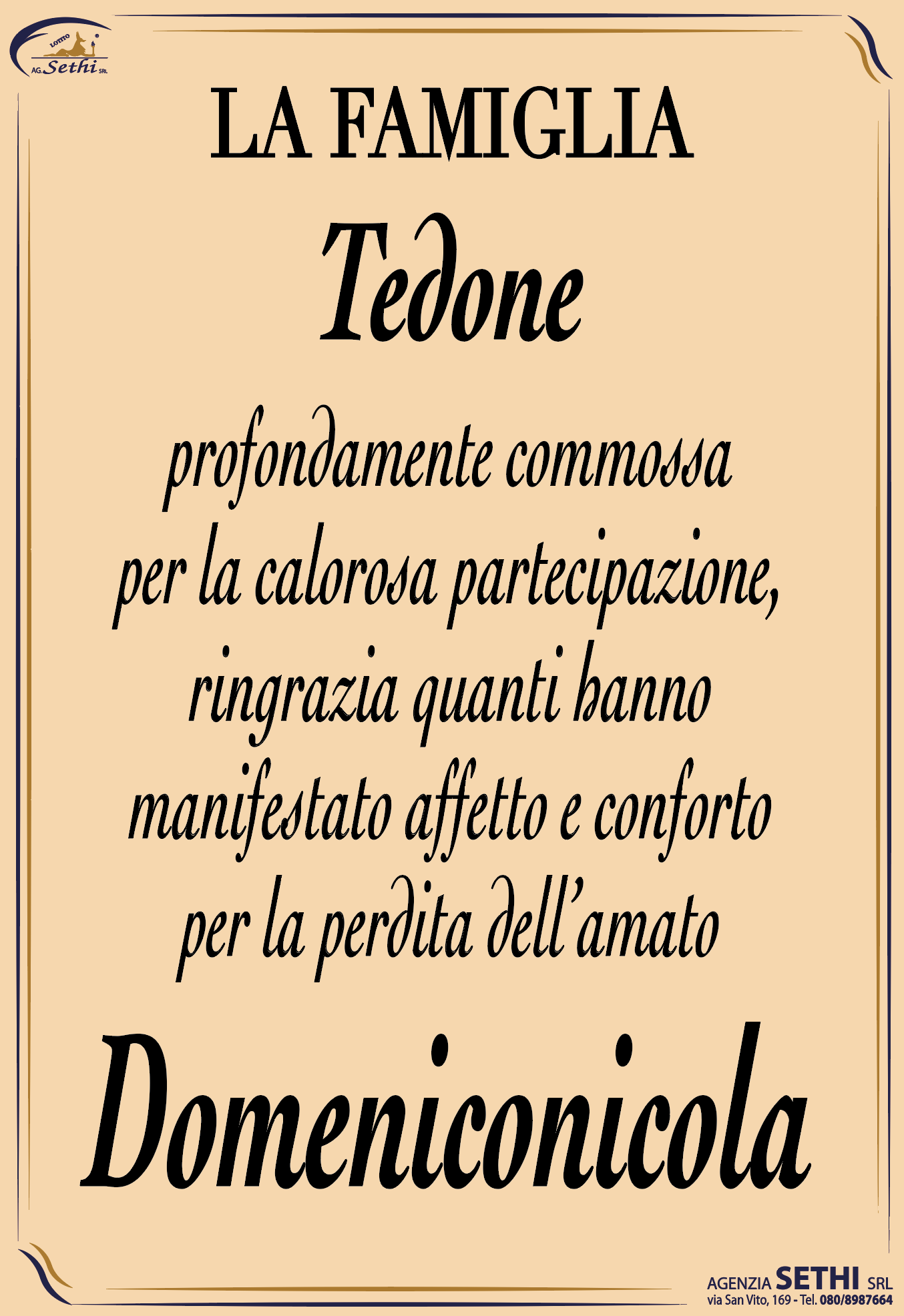 Ringraziamento Domeniconicola Tedone fu Vincenzo