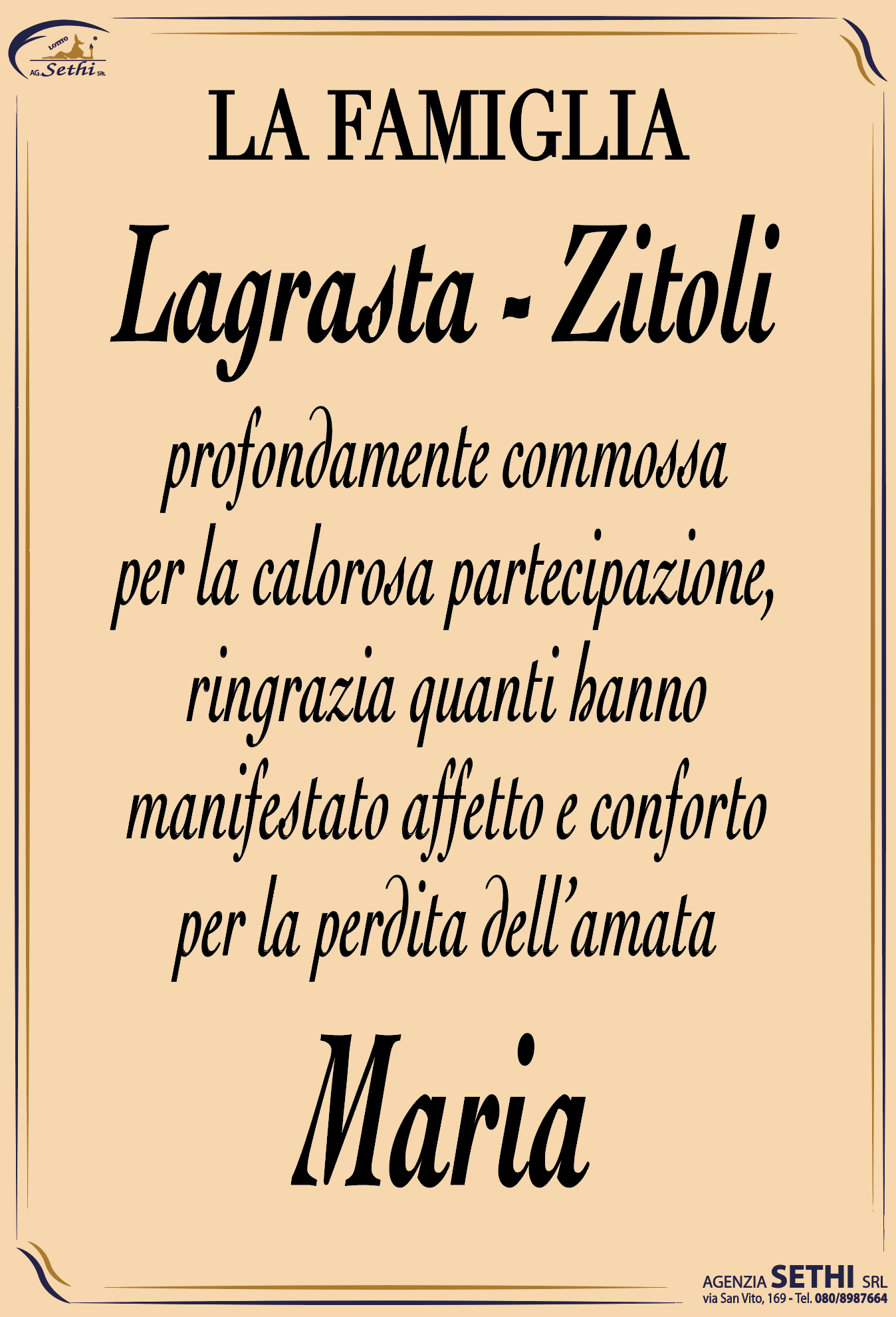 Ringraziamento Maria Piccarreta ved. Lagrasta