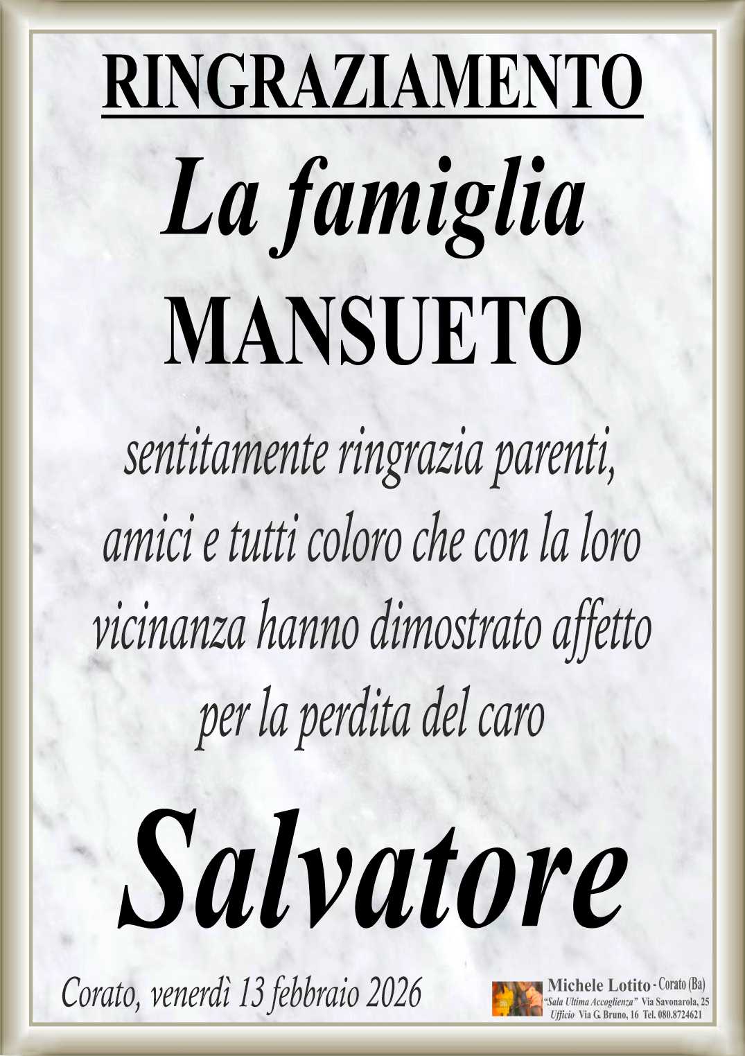 Ringraziamento SALVATORE MANSUETO