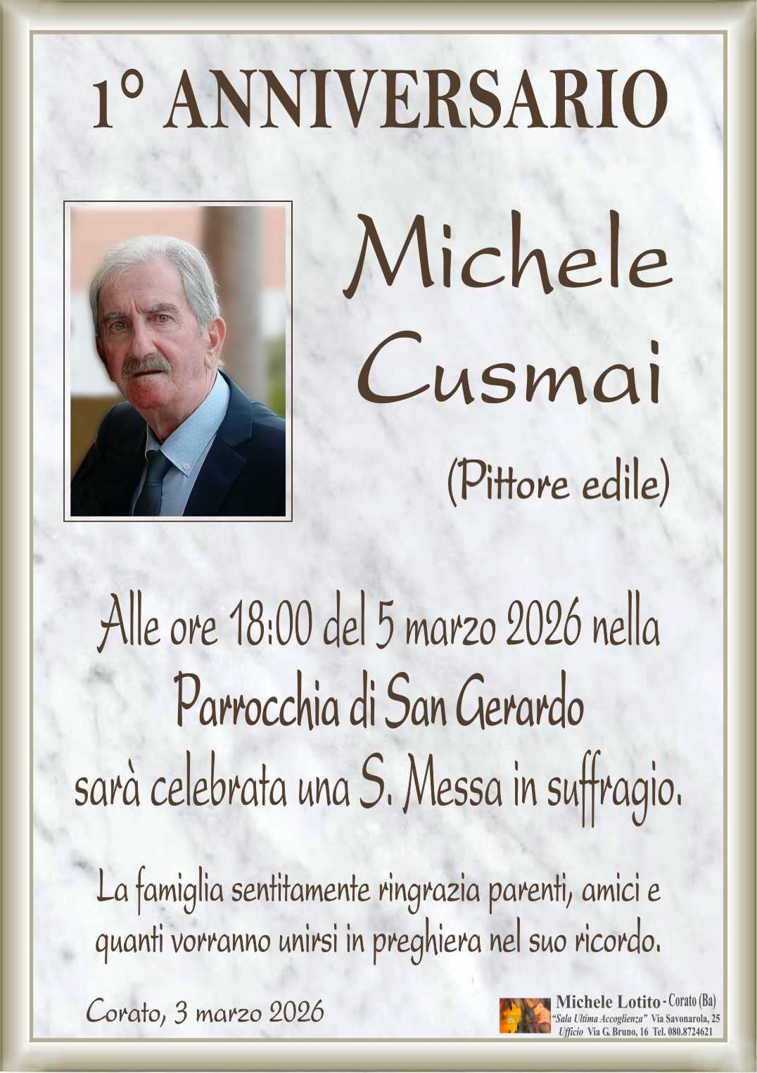 1° anniversario MICHELE CUSMAI (Pittore edile)
