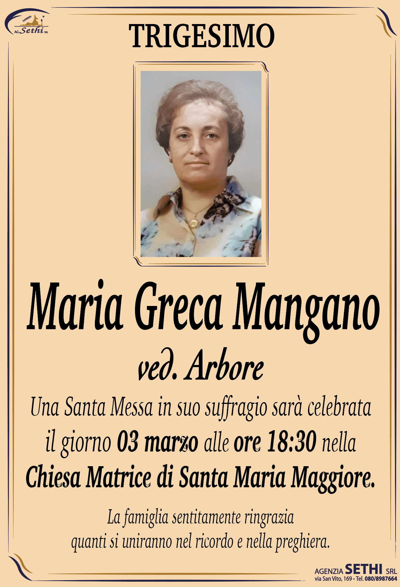 Trigesimo Maria Greca Mangano ved. Arbore