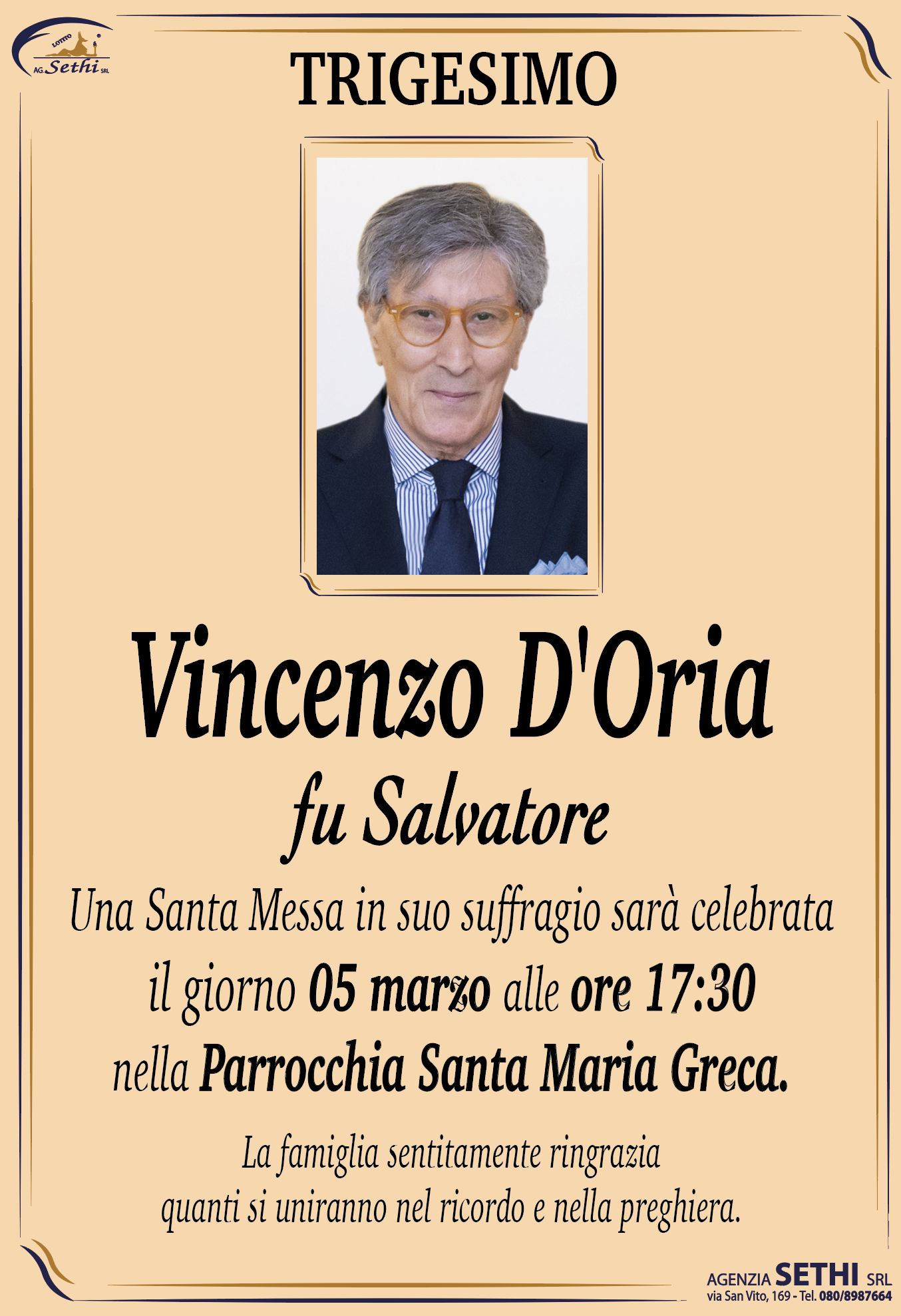 Trigesimo Vincenzo D'Oria fu Salvatore