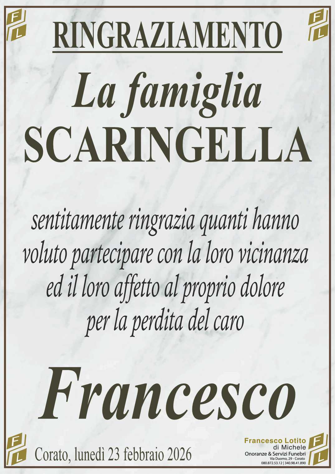 Ringraziamento Francesco SCARINGELLA