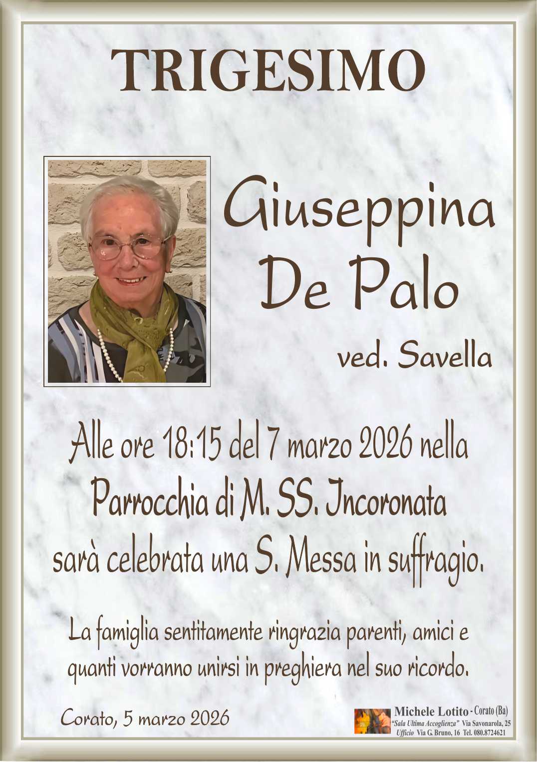 Trigesimo GIUSEPPINA DE PALO ved. Savella