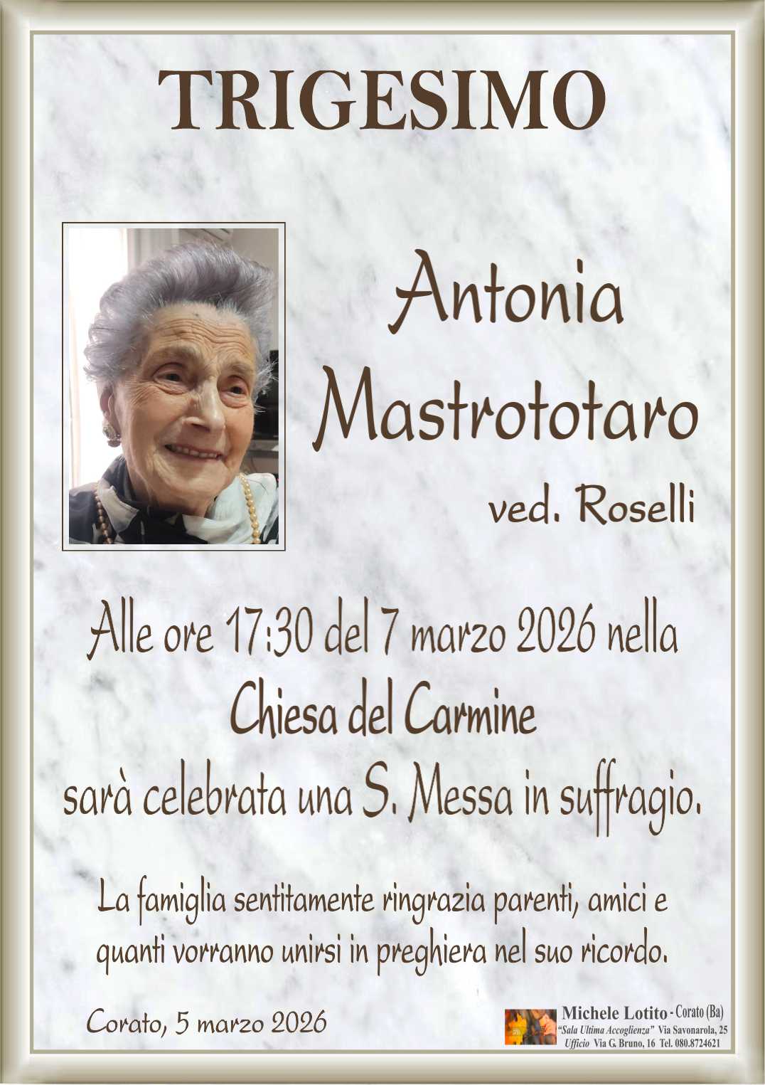 Trigesimo ANTONIA MASTROTOTARO ved. Roselli