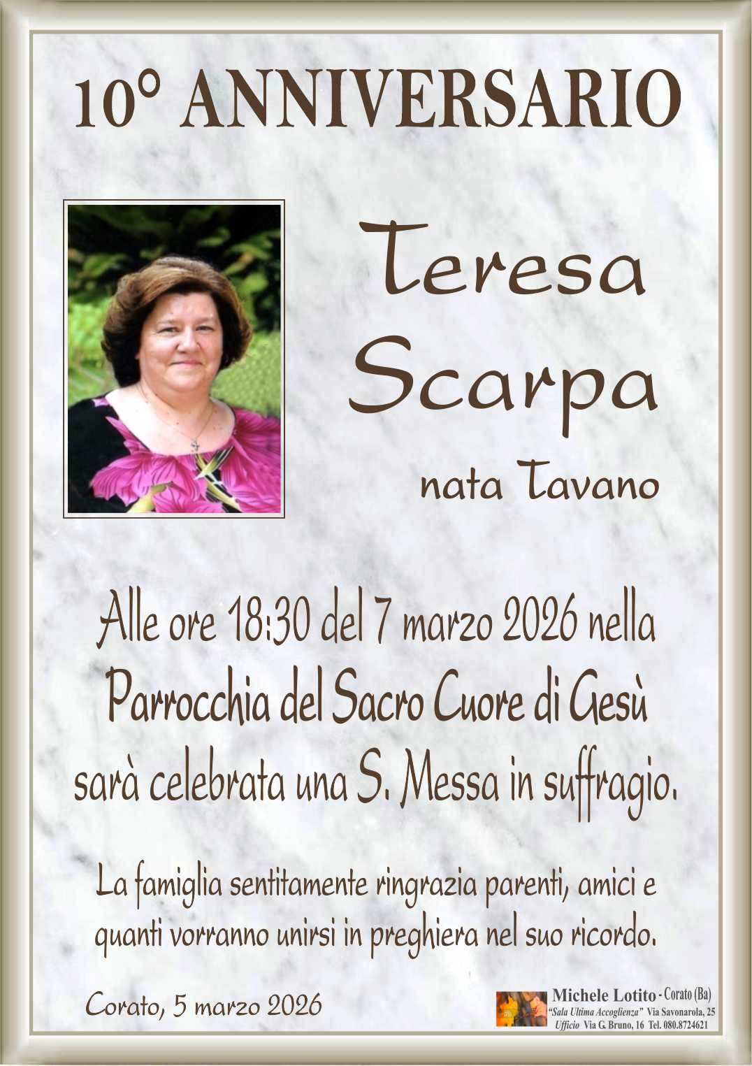 10° anniversario TERESA SCARPA nata Tavano