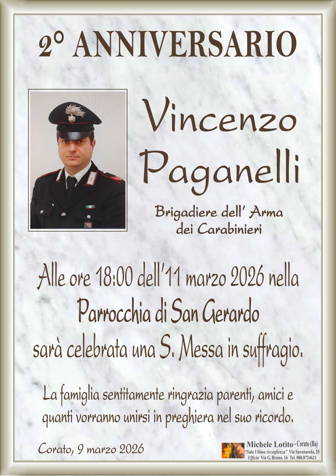 2° anniversario VINCENZO PAGANELLI Brigadiere dell’Arma dei Carabinieri