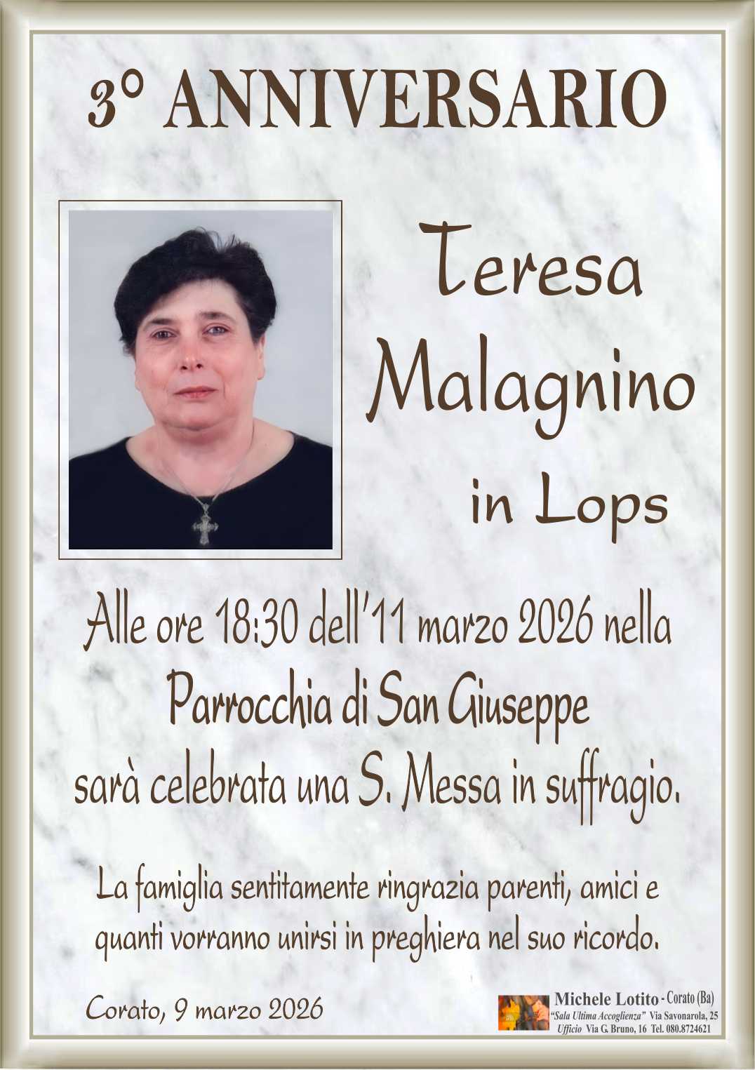 3° ANNIVERSARIO TERESA MALAGNINO in Lops