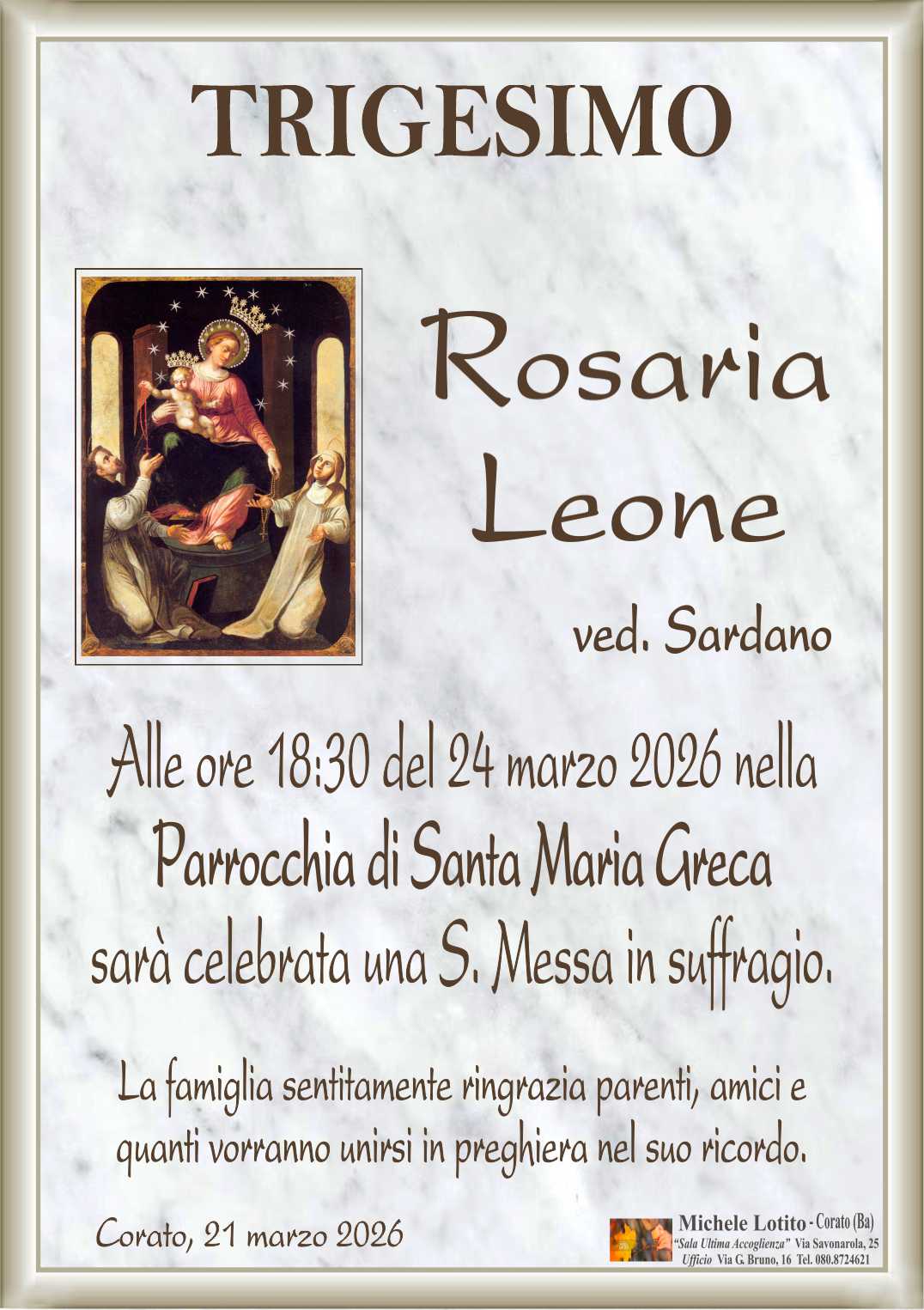 Trigesimo ROSARIA LEONE ved. Sardano