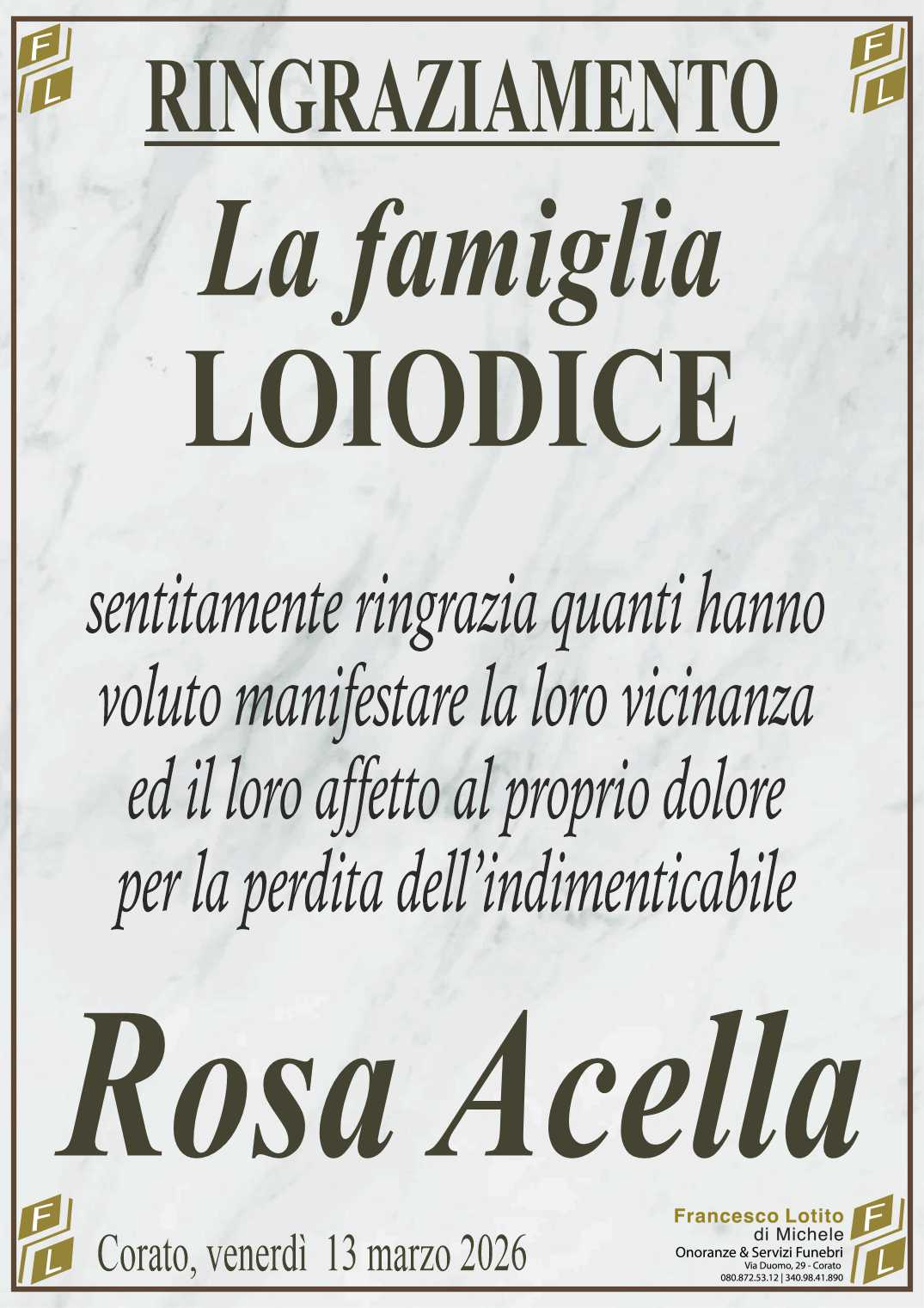 Ringraziamento Rosa ACELLA ved. LOIODICE