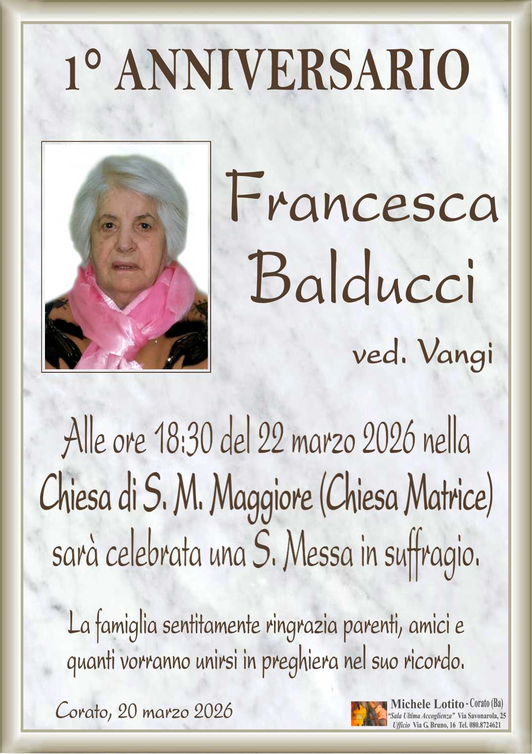 2° anniversario FRANCESCA BALDUCCI ved. Vangi