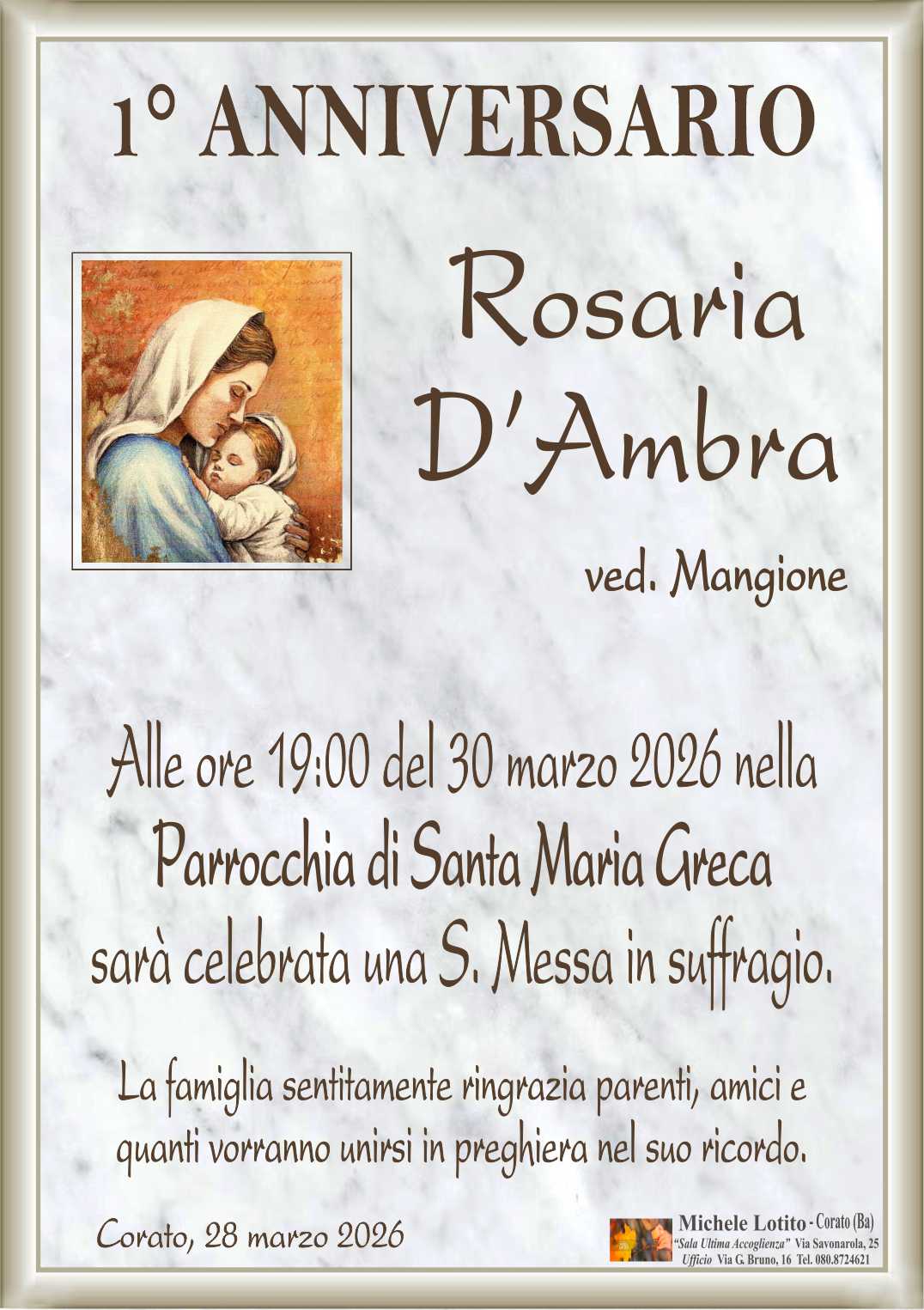 1° anniversario) ROSARIA D’AMBRA ved. Mangione