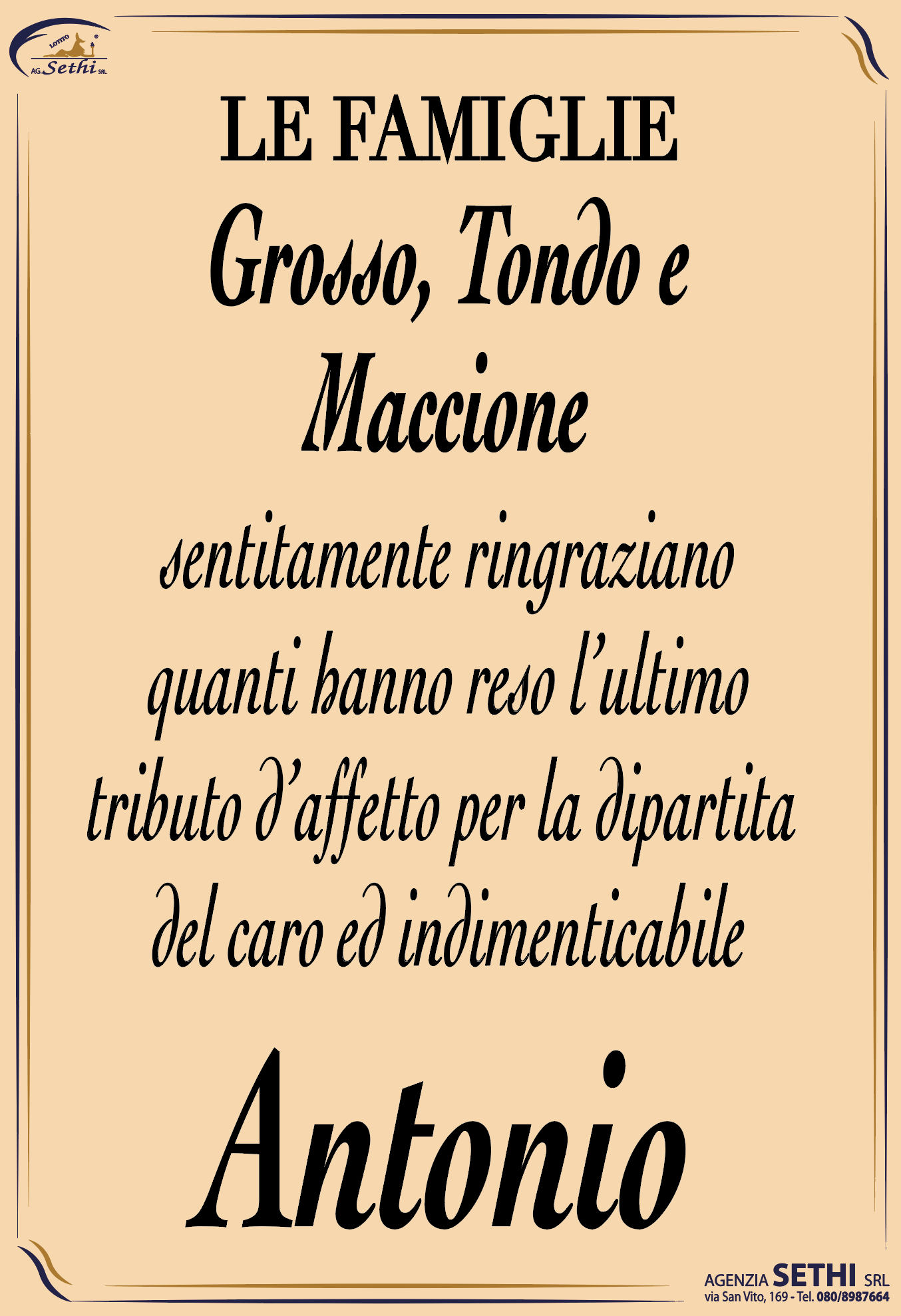 Ringraziamento Antonio Grosso fu Giuseppe