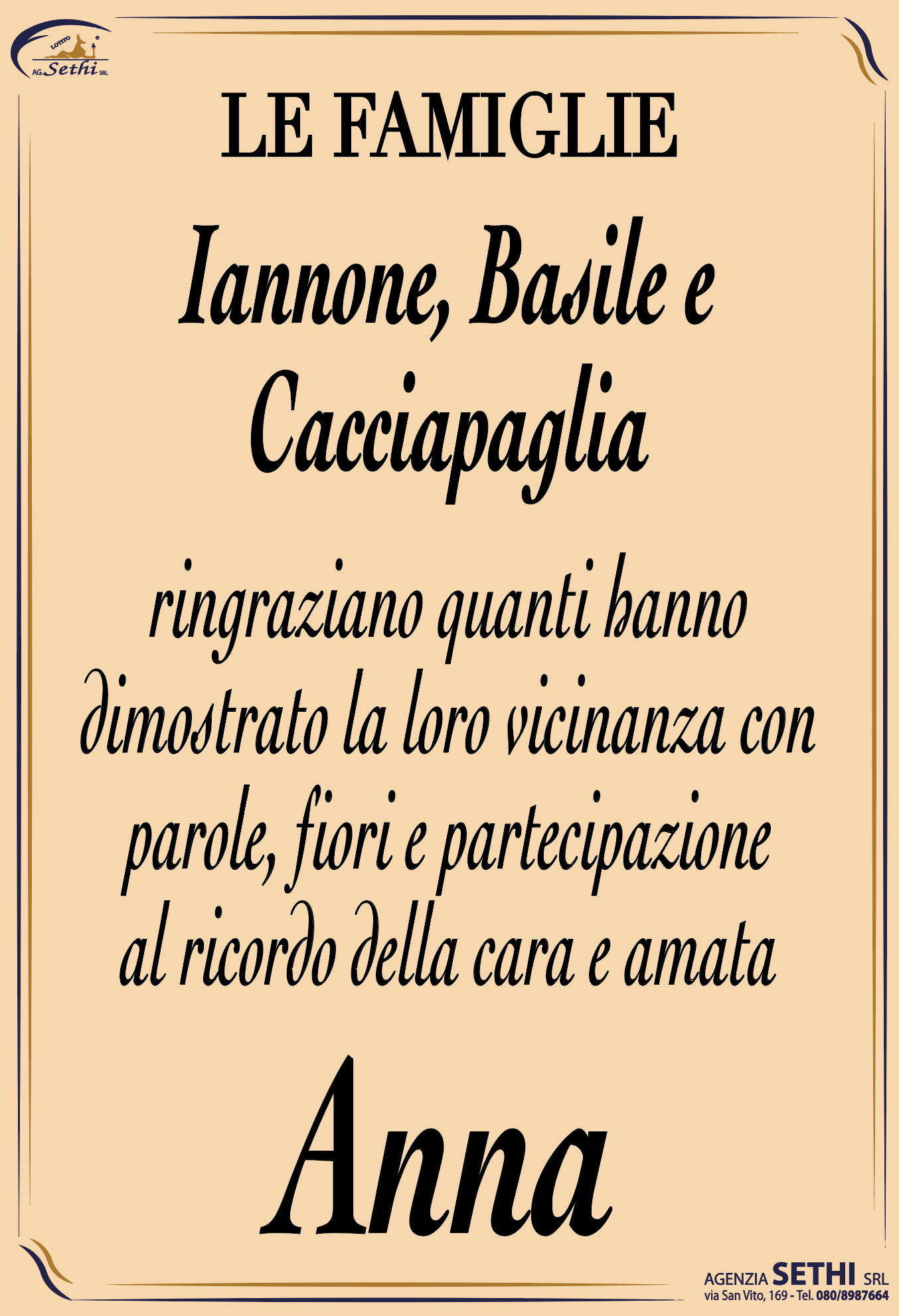 Ringraziamento Anna Piccolomo ved. Iannone