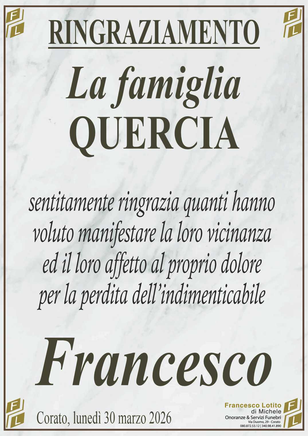 Ringraziamento Francesco QUERCIA
