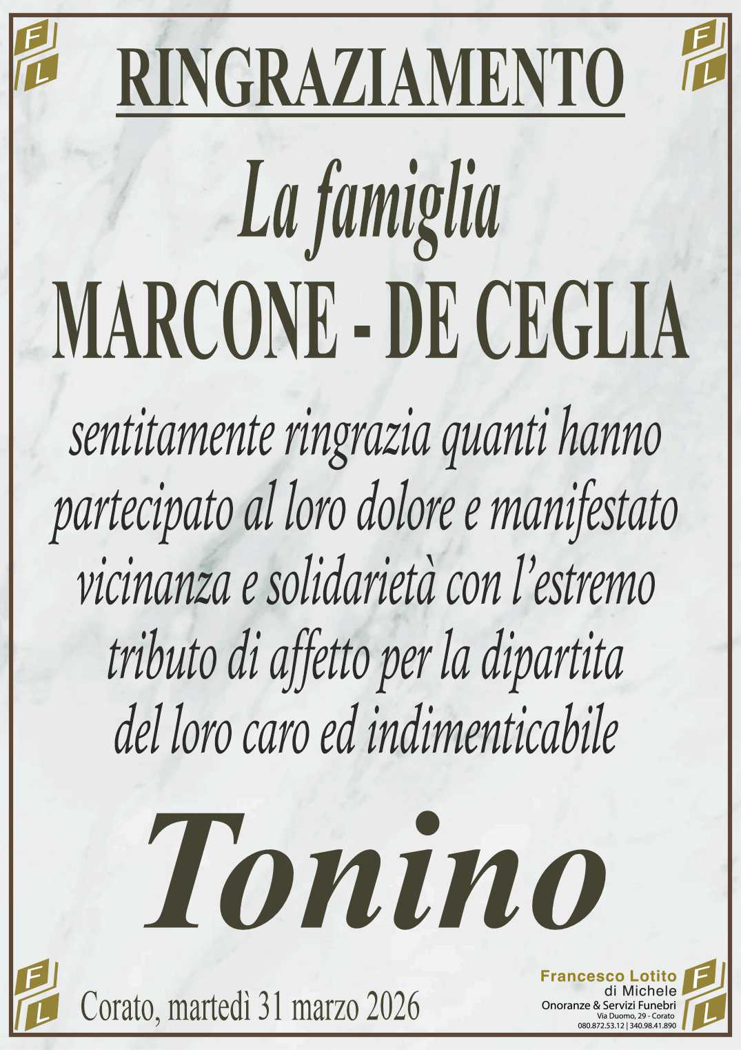 Ringraziamento Prof. Antonio MARCONE