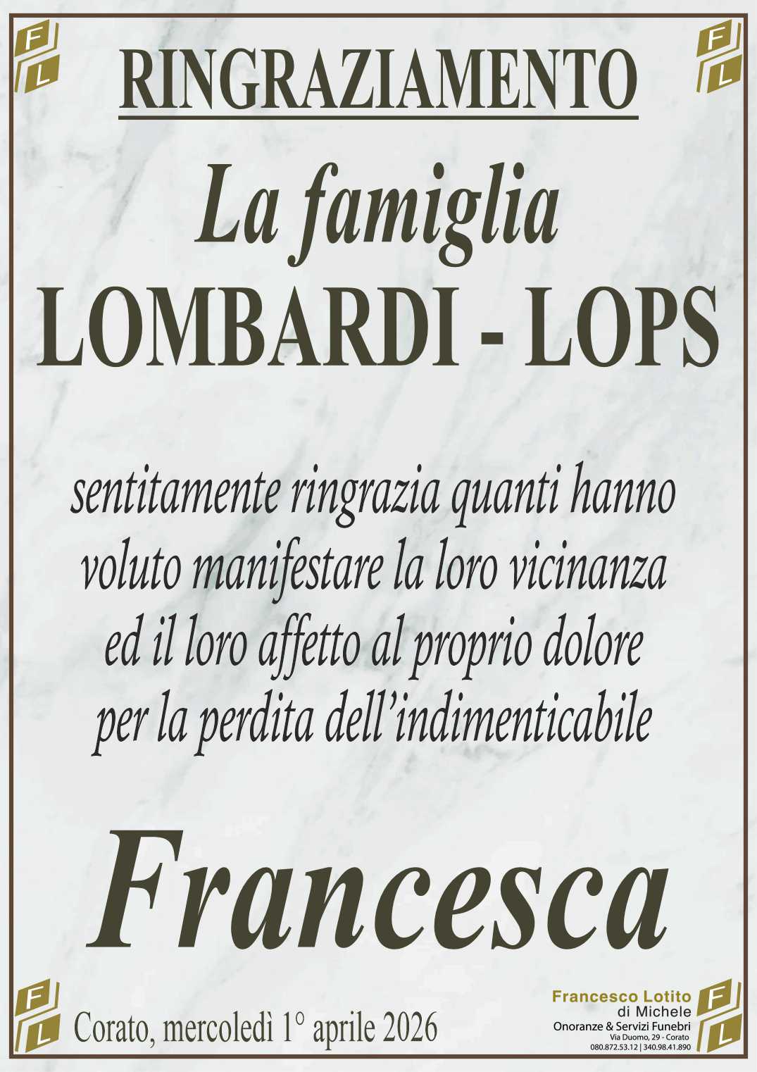 Ringraziamento Francesca LOPS in LOMBARDI