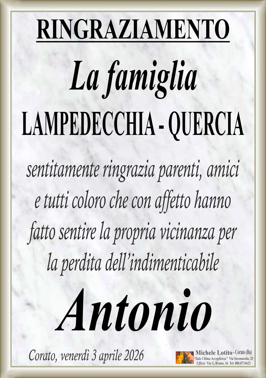 Ringraziamento ANTONIO LAMPEDECCHIA