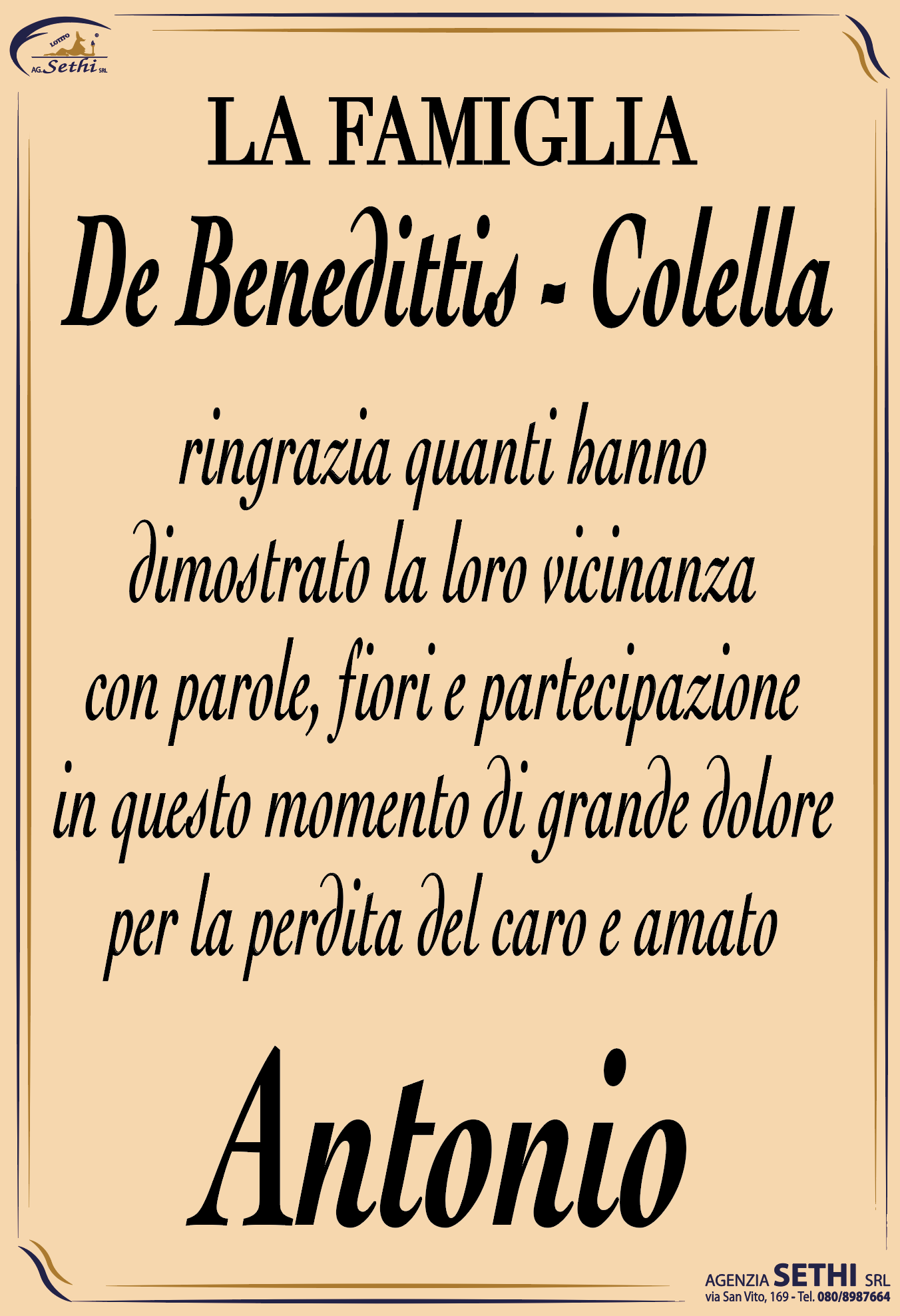Ringraziamento Antonio De Benedittis fu Francesco