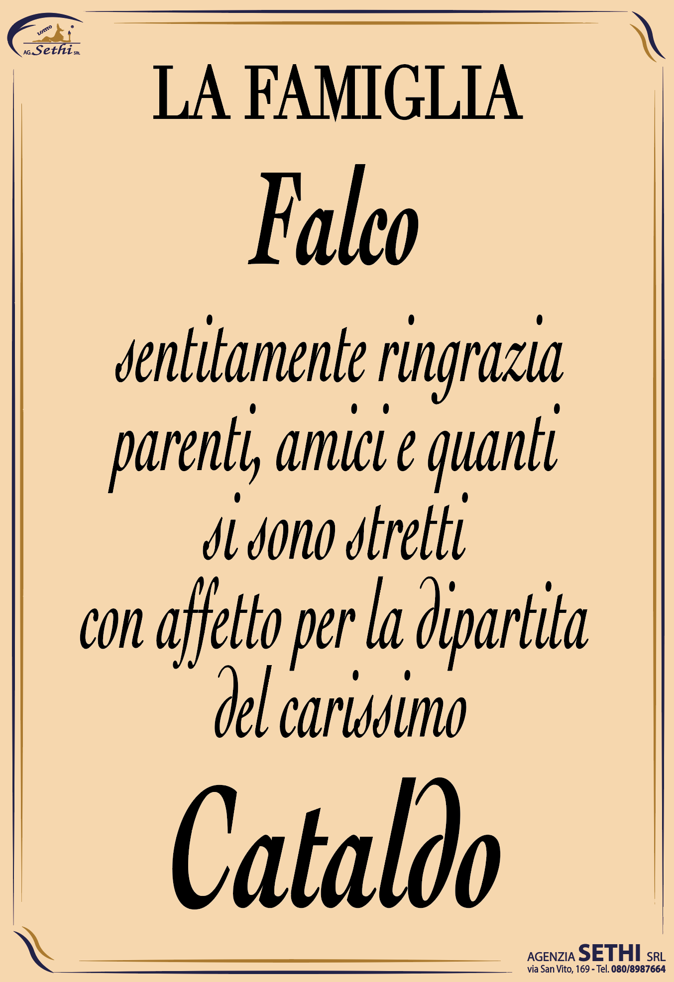 Ringraziamento Cataldo Falco fu Pasquale (impiegato ASL-BAT)