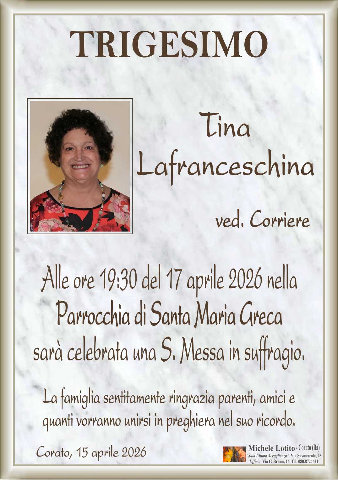 Trigesimo TINA LAFRANCESCHINA ved. Corriere