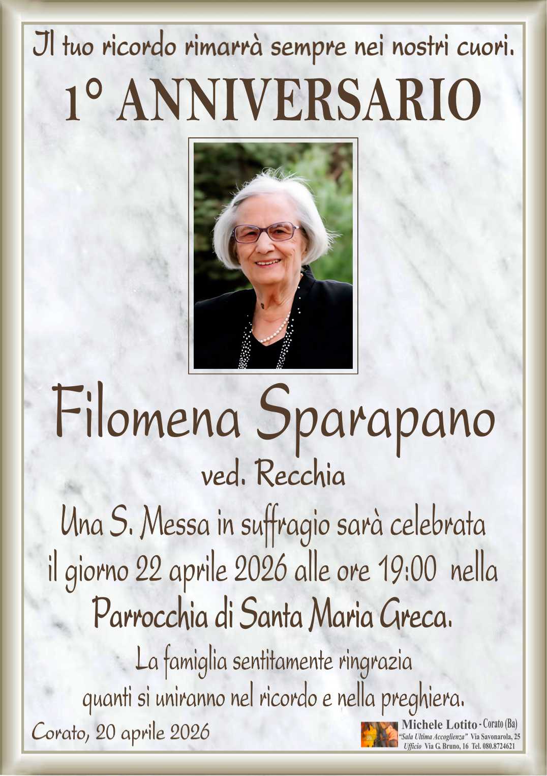 1° anniversario FILOMENA SPARAPANO ved. Recchia