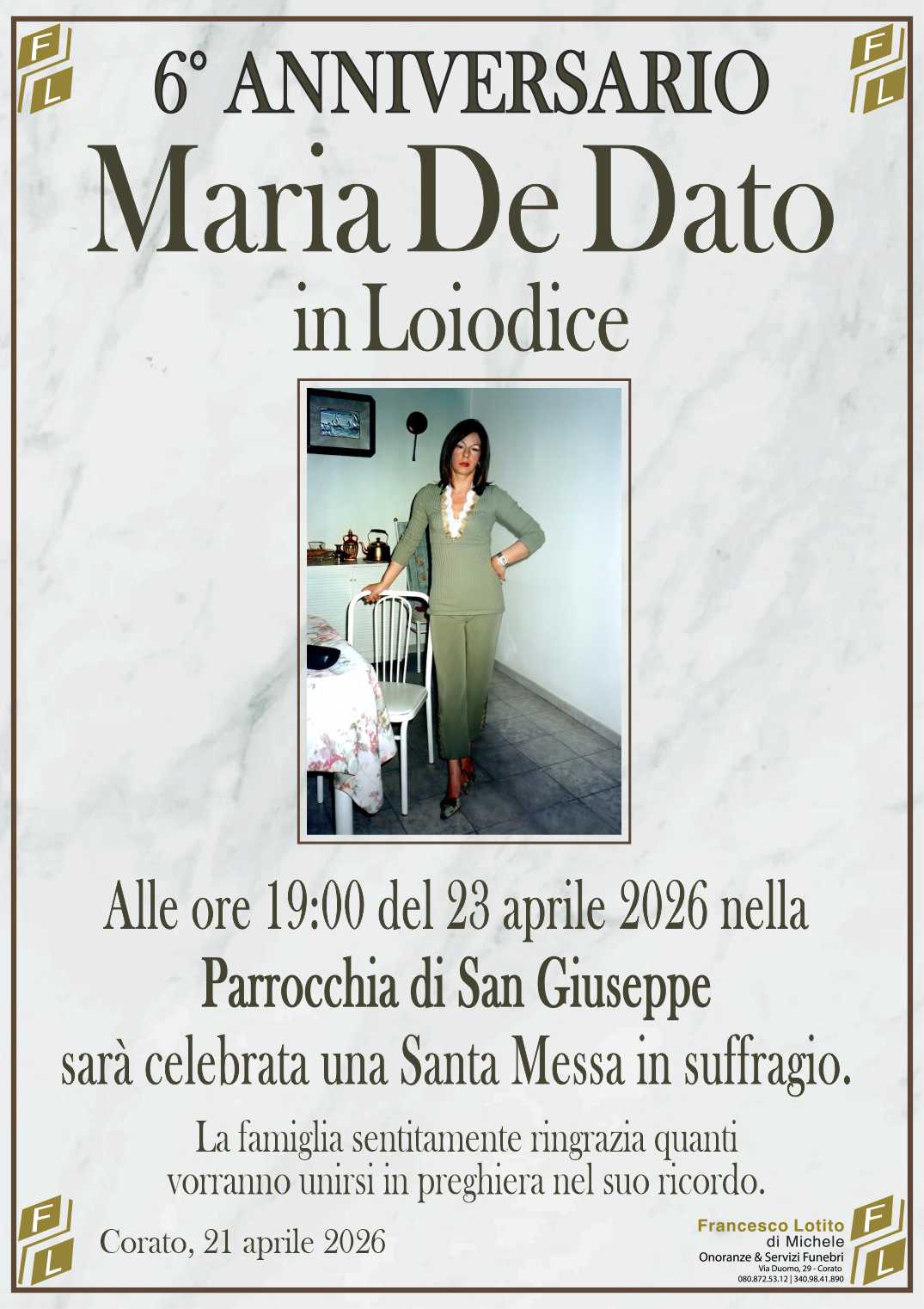 6° anniversario Maria DE DATO in LOIODICE
