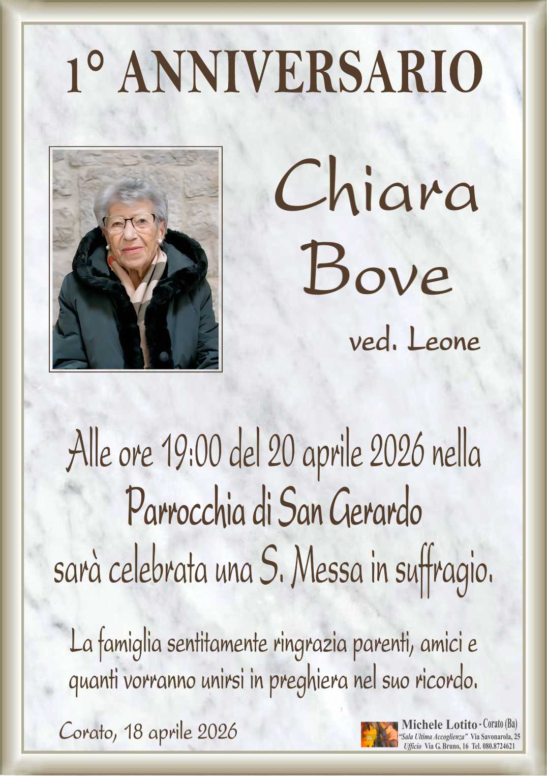 1° anniversario CHIARA BOVE ved. Leone