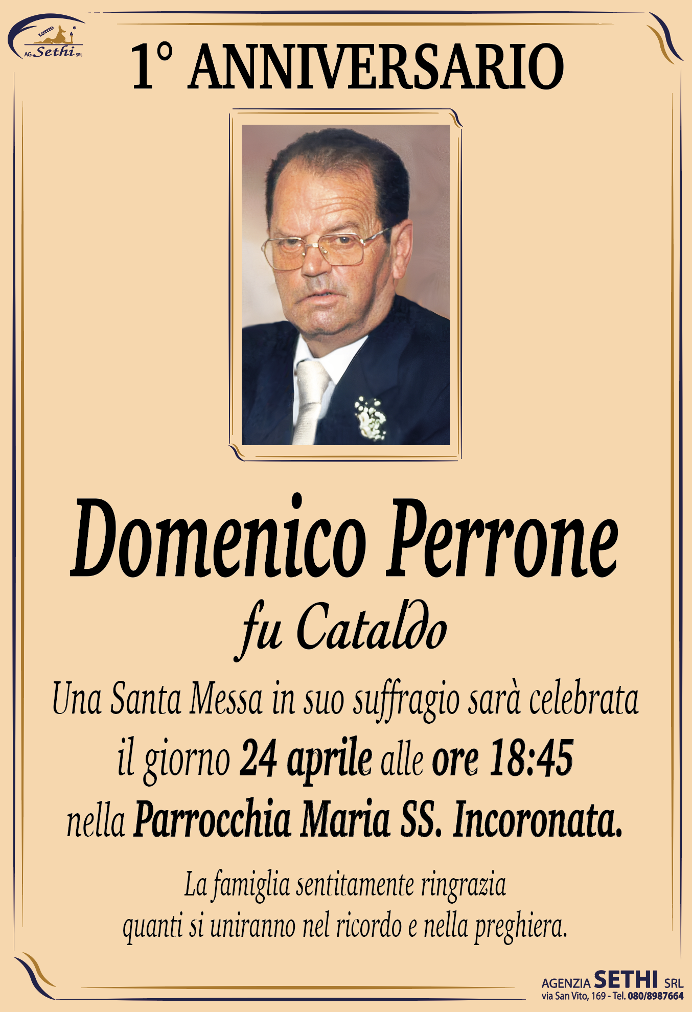1° anniversario Domenico Perrone fu Cataldo (Ortolano)
