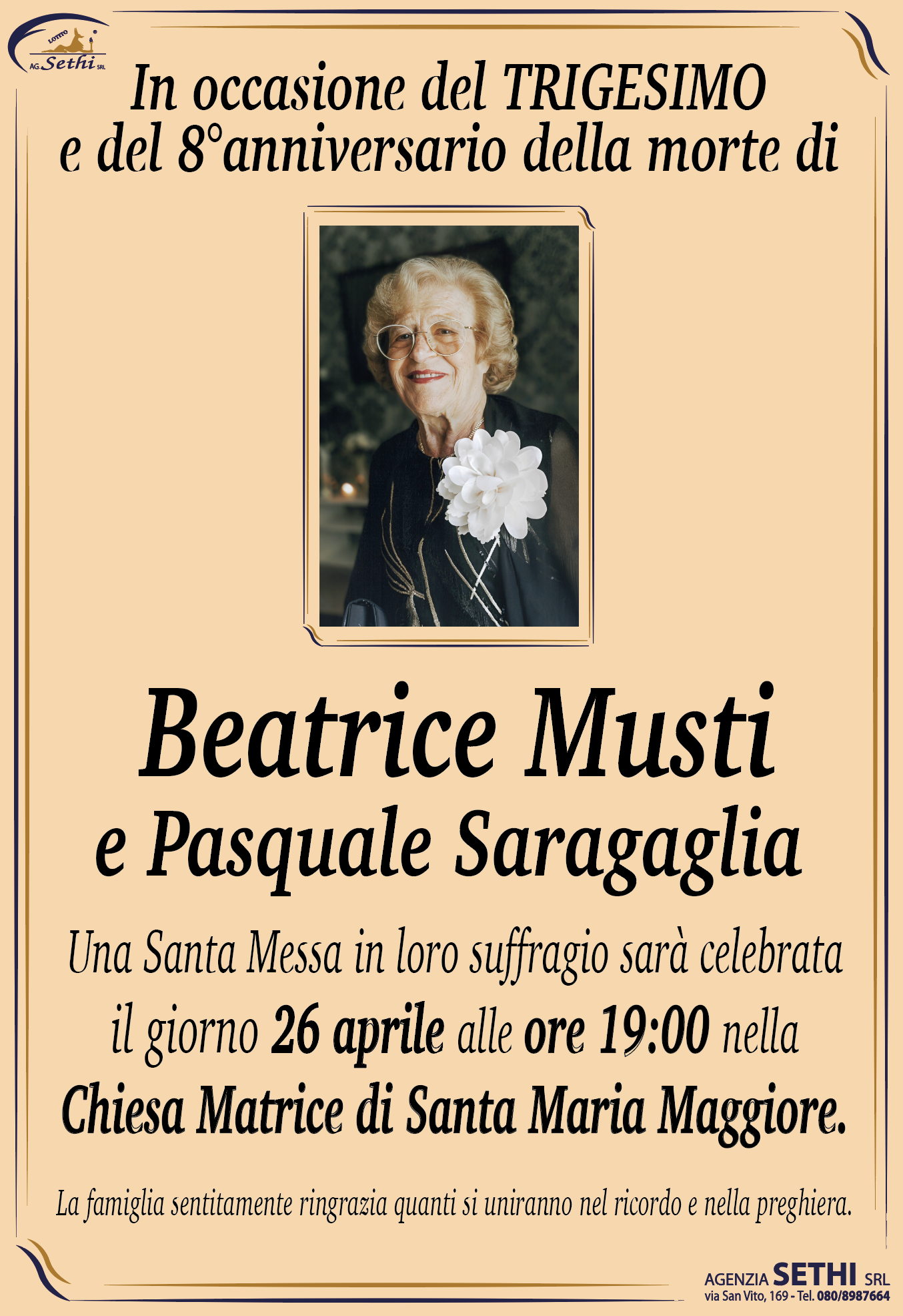 Trigesimo Beatrice Musti ved. Saragaglia