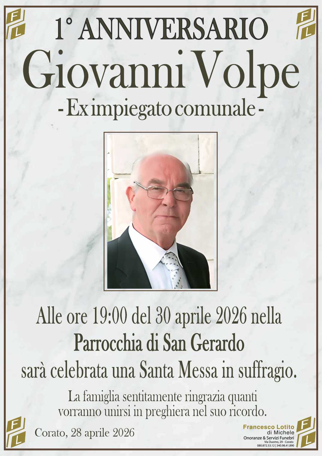 1° anniversario Giovanni VOLPE – Ex impiegato comunale –