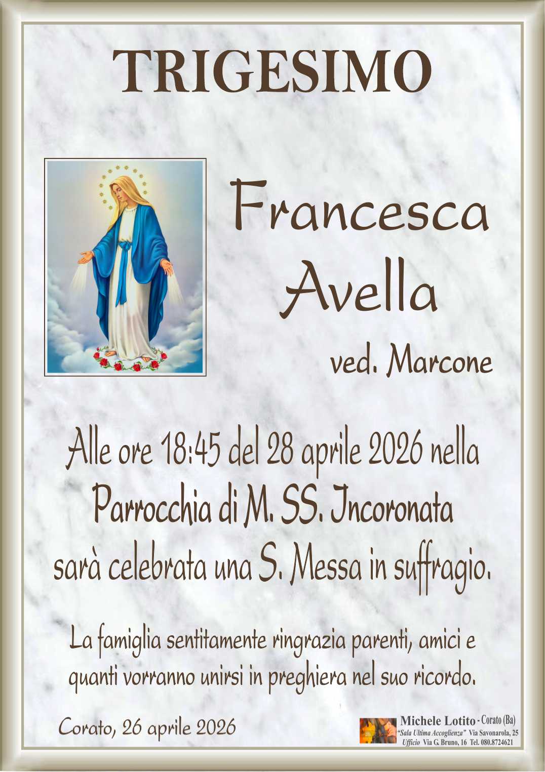 Trigesimo FRANCESCA AVELLA ved. Marcone