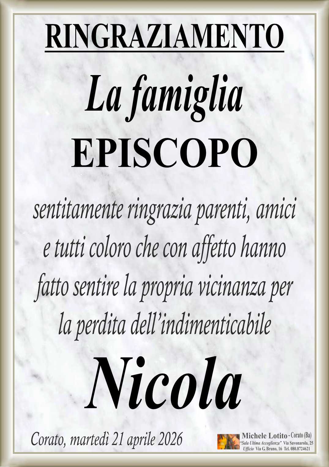 Ringraziamento NICOLA EPISCOPO
