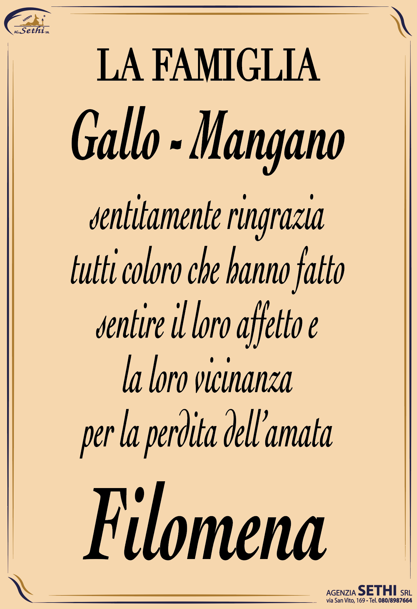Ringraziamento Filomena Mangano ved. Gallo