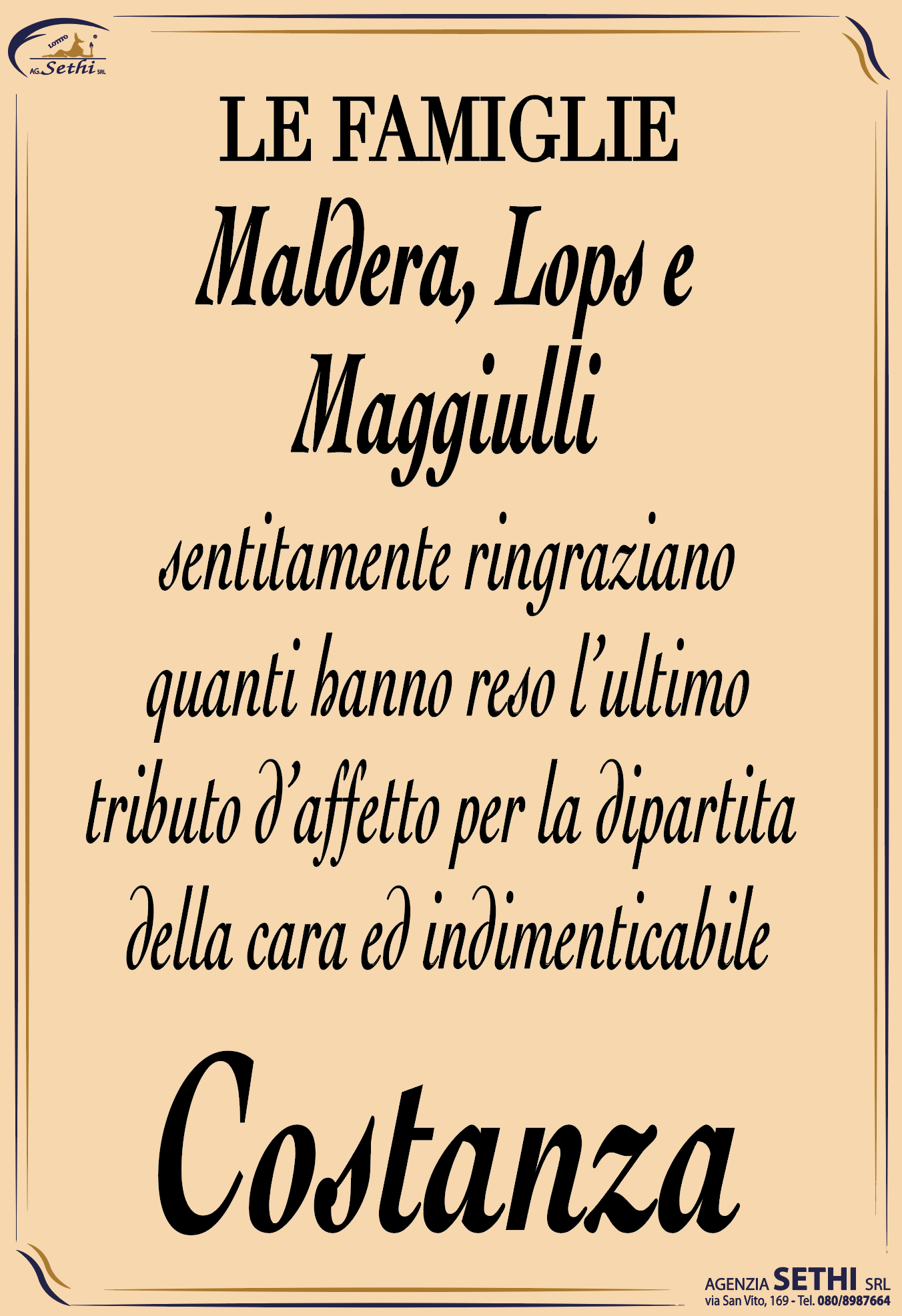 Ringraziamento Costanza Lops ved. Maldera