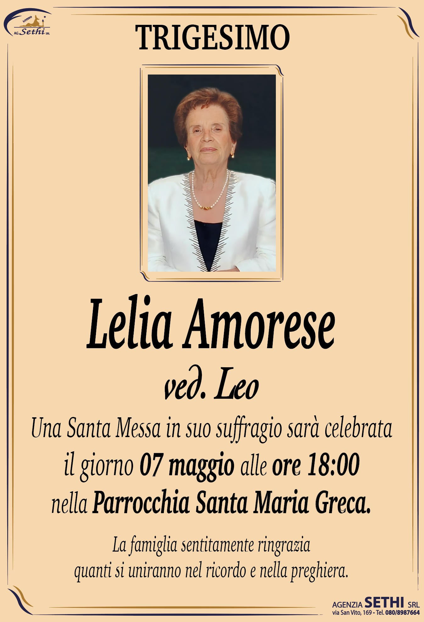 Trigesimo Lelia Amorese ved. Leo (insegnante in pensione)