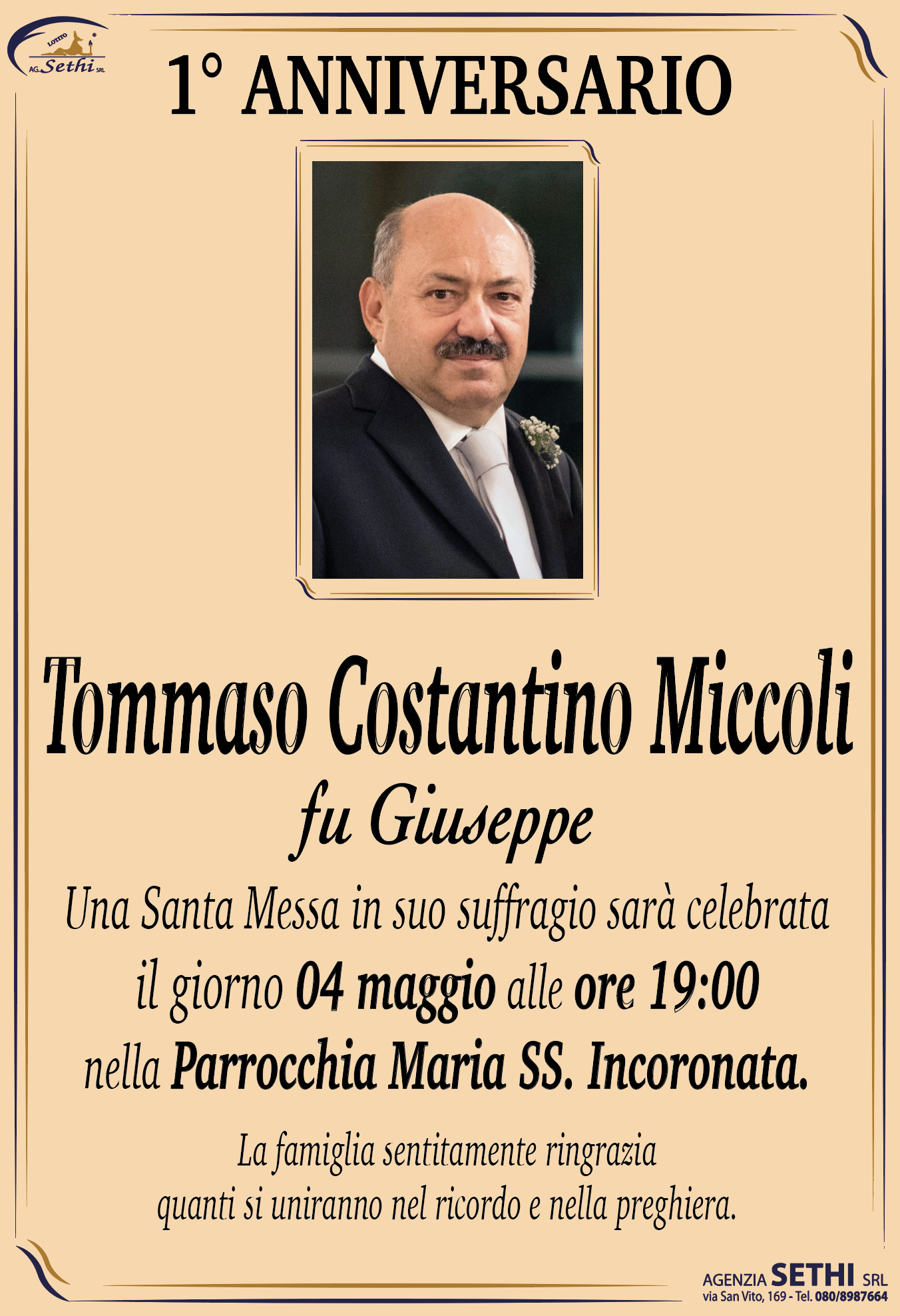 1° anniversario Tommaso Costantino Miccoli fu Giuseppe (già preside A. De Gasperi)