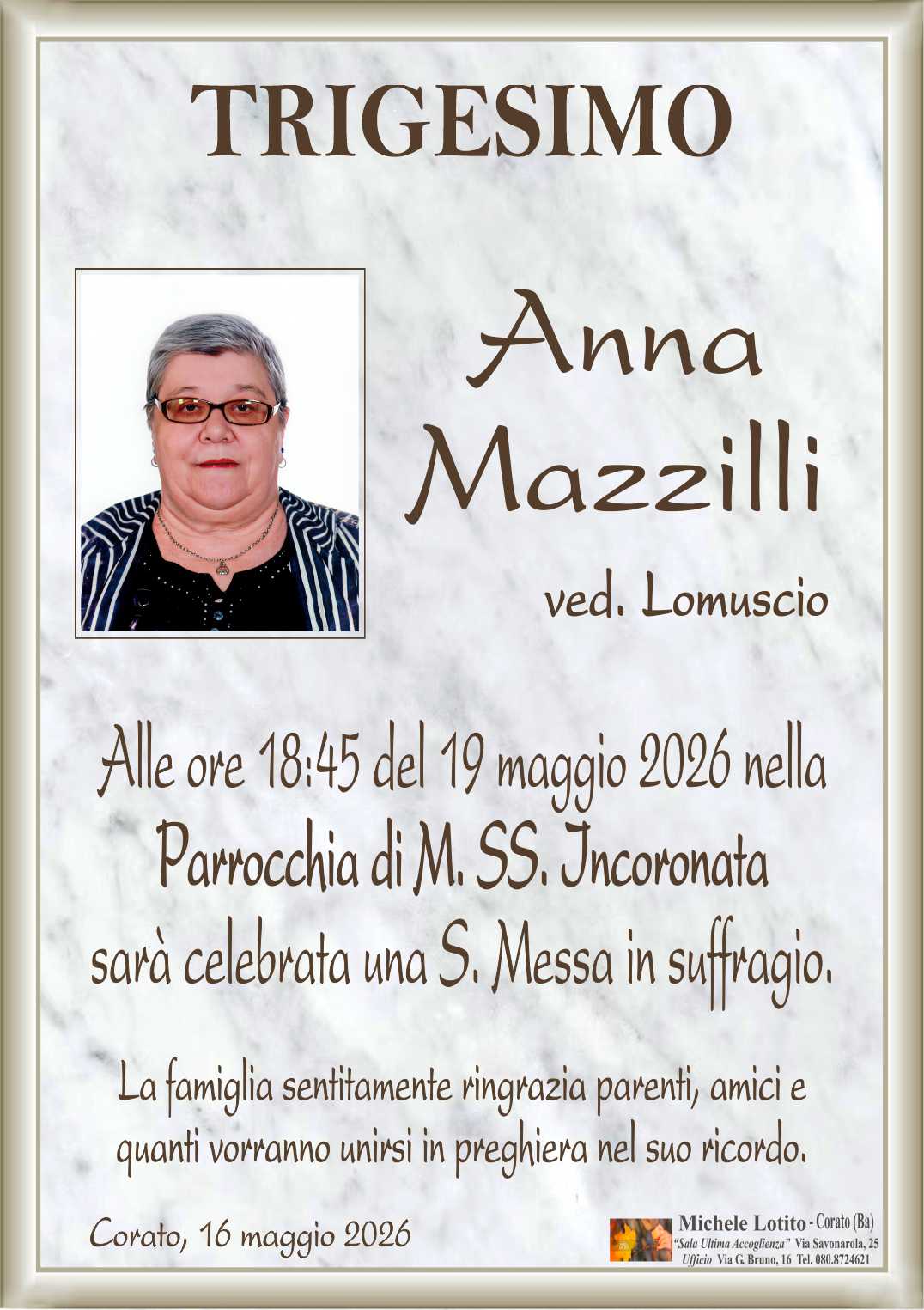 Trigesimo ANNA MAZZILLI ved. Lomuscio