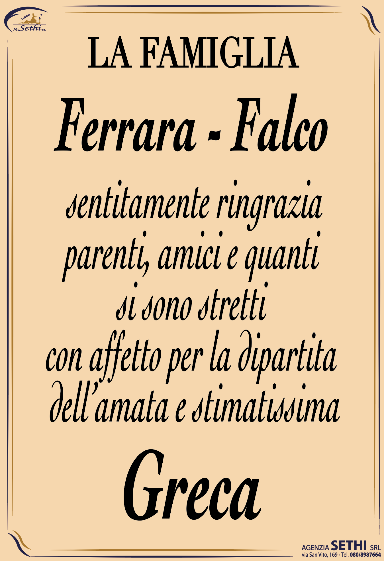 Ringraziamento Greca Ferrara nata Falco