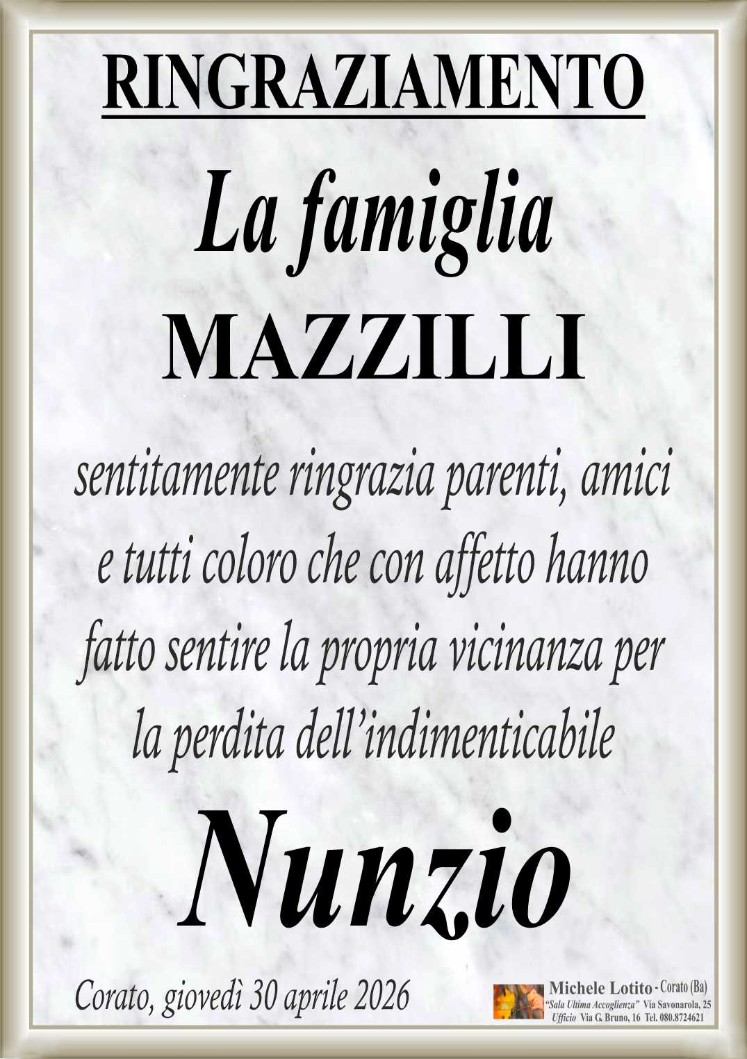 Ringraziamento NUNZIO MAZZILLI