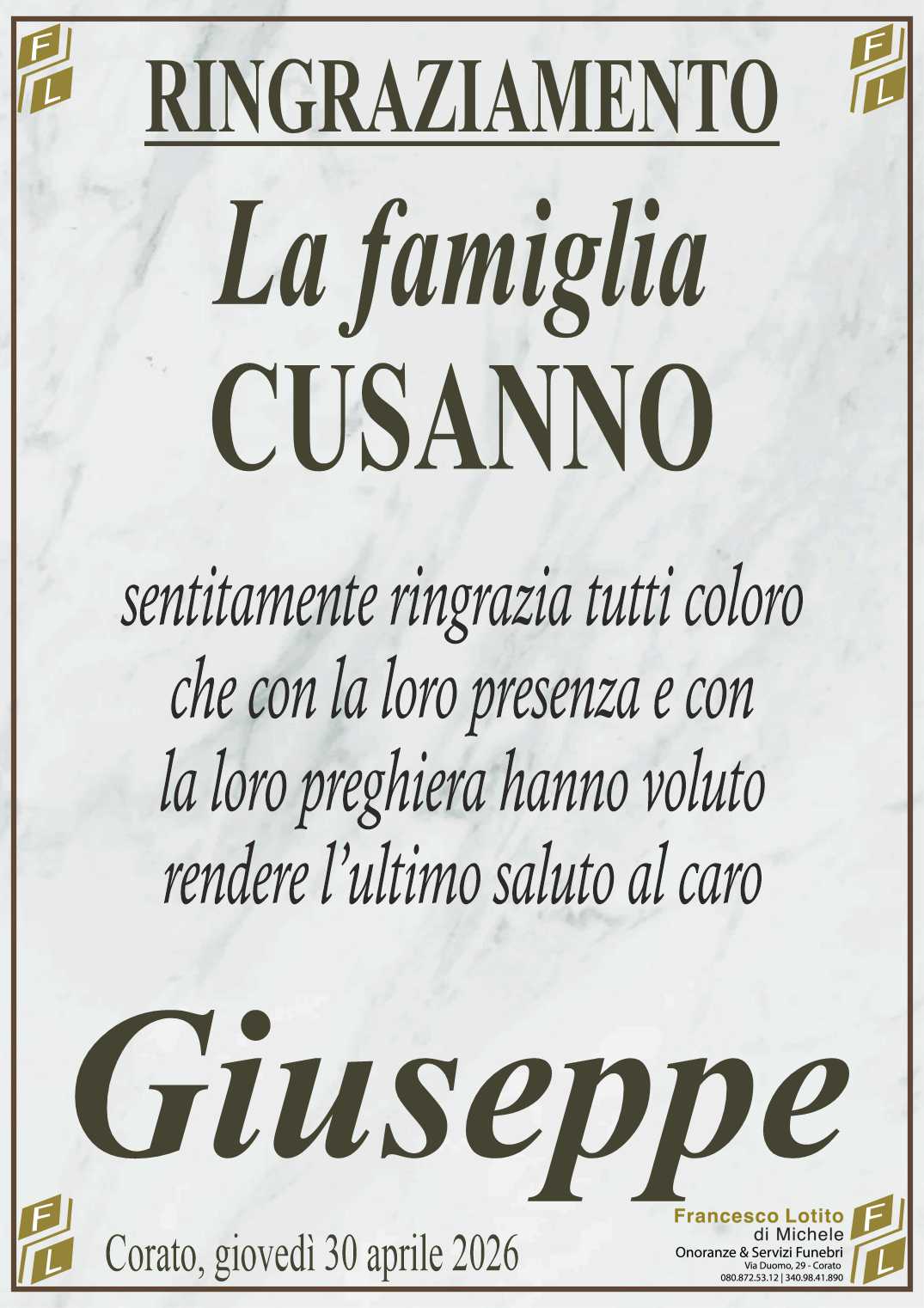 Ringraziamento Giuseppe CUSANNO