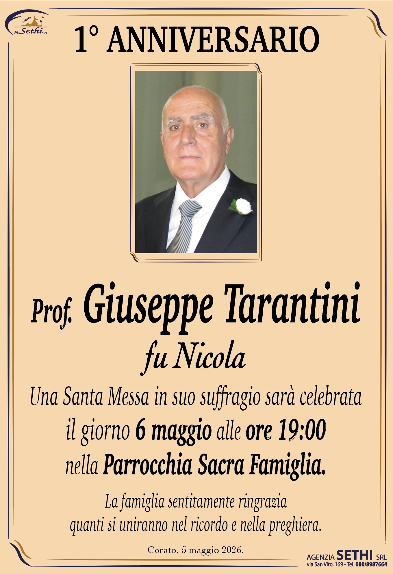 1° anniversario Prof. Giuseppe Tarantini fu Nicola (già docente s.m. Giovanni XXIII)