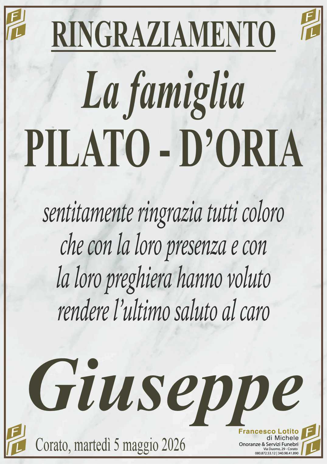 Ringraziamento Giuseppe PILATO