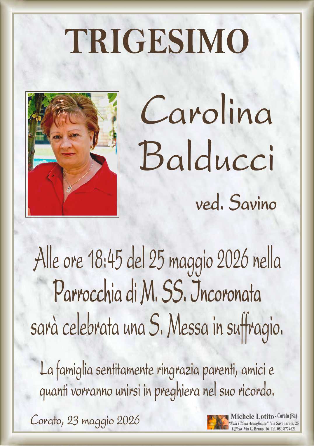 Trigesimo CAROLINA BALDUCCI ved. Savino