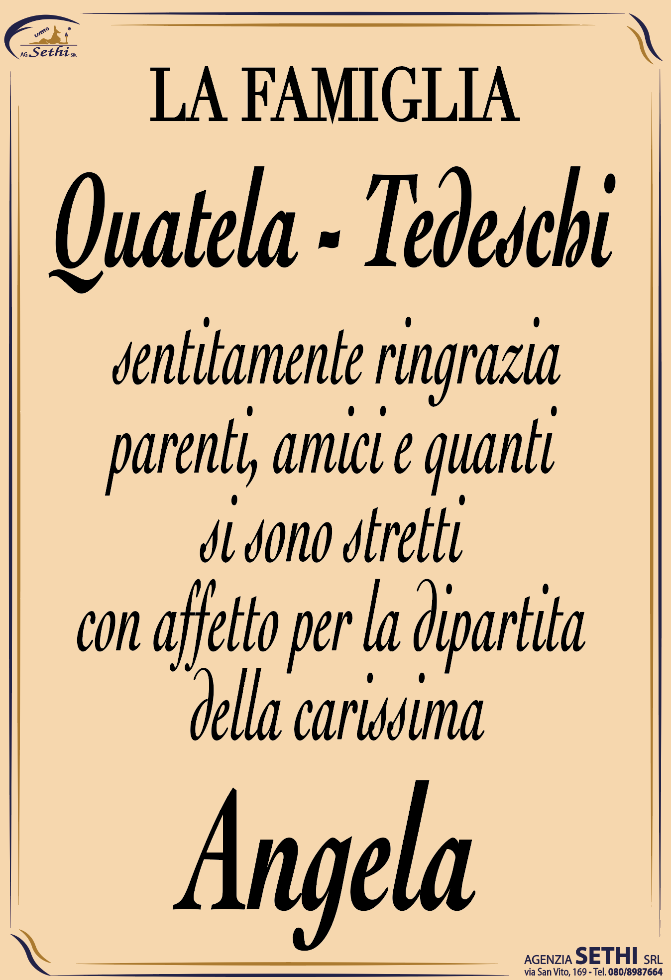 Ringraziamento Angela D'Introno ved. Quatela