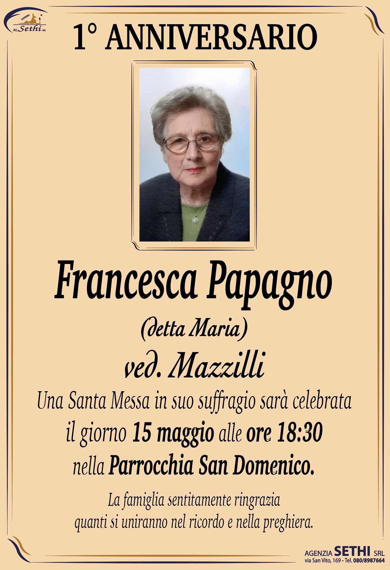 1° anniversario Francesca Papagno (detta Maria) ved. Mazzilli