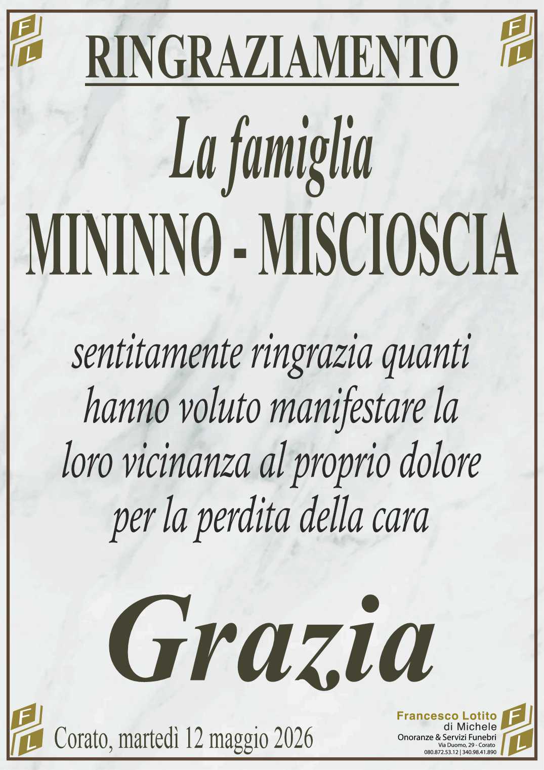 Ringraziamento Grazia MININNO ved. MISCIOSCIA