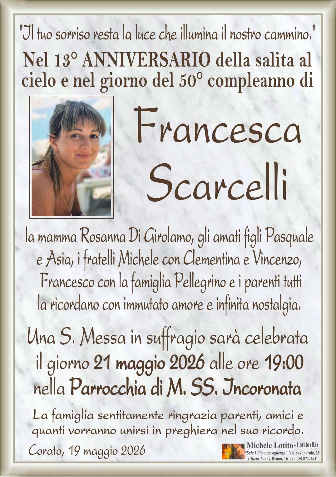 13° anniversario FRANCESCA SCARCELLI
