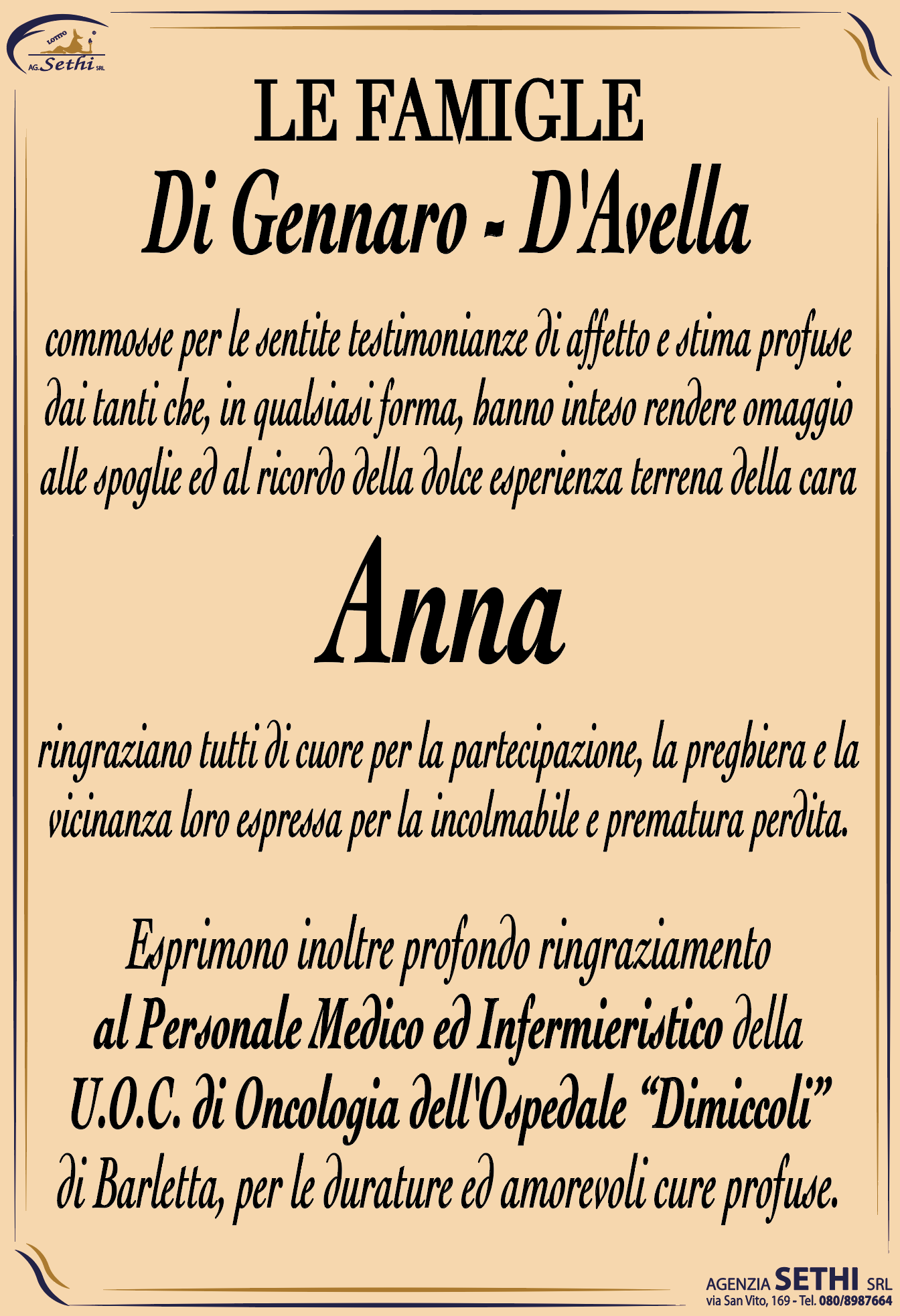 Ringraziamento Anna D'Avella in Di Gennaro